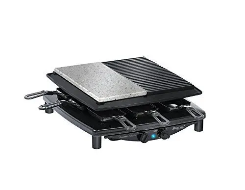 Produktbild: Steba Made in Germany Raclette, Antihaft-Druckguss-Grillplatte, Natursteingrillplatte, 8 emaillierte Pfännchen, Grillfläche insgesamt 29 x 29 cm, RC 4 Plus Deluxe