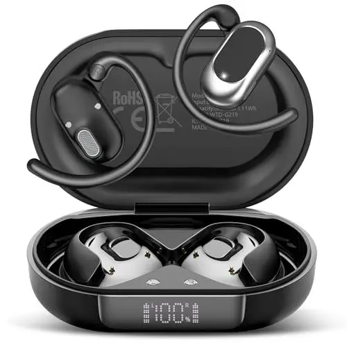 Produktbild: STECEi Open-Ear Kopfhörer 5.4 Bluetooth Kopfhörer, 2025 Verstellbare Ohrhaken Kopfhörer Kabellos Bluetooth starker Bass, 36H Spielzeit kopfhörer Sport IP7 Wasserfest für Sport, LED, Laufen,Tiefschwarz