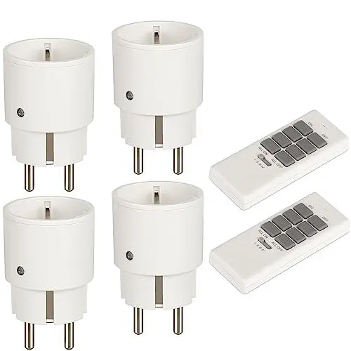 Produktbild: Steckdose mit Fernbedienung 2300W, 4er Funksteckdosen mit 2er Fernbedienung, 12 Kanal Programmierbar Funksteckdosen Set Reichweite 70m, Funkschalt Set Selbstlern-Funktion für Haushaltsgeräte, Weiß