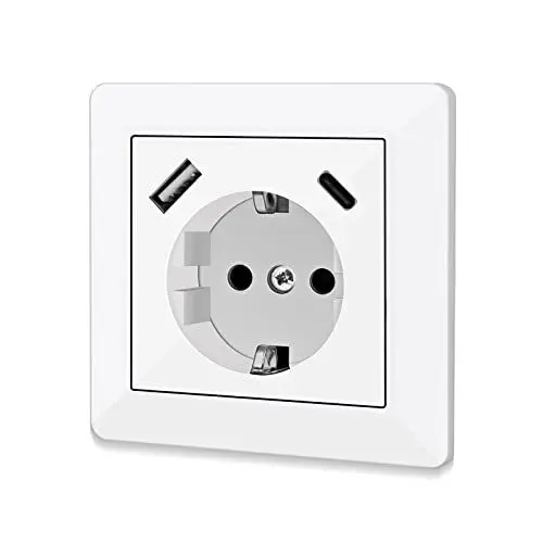 Produktbild: Steckdose mit USB Anschluss und Typ C (max. 5 V 3,4 A) Schuko Steckdose mit USB Anschluss Glänzend Schuko Unterputz Steckdose System 55 Reinweiß Wandsteckdose Schutzkontaktsteckdose