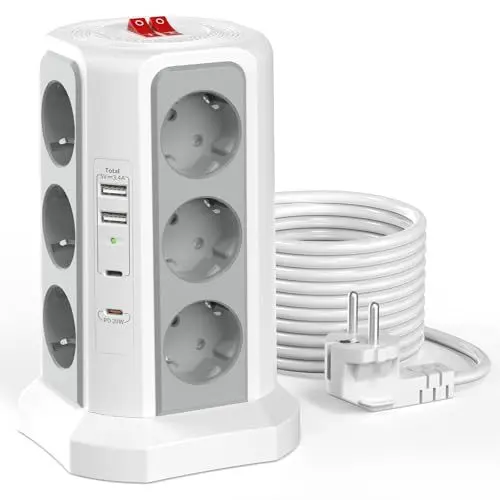Produktbild: Steckdosenleiste 12 Fach Mehrfachsteckdose mit 4USB 4000W/16A Büro Steckdosenturm 2M Kabel HAFINO Verteilersteckdose mit 2 Schalter,Überspannungsschutz für Büro Küche Gaming(Grau&WeiB)