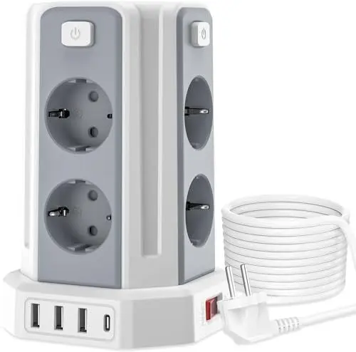 Produktbild: Steckdosenleiste mit 4 USB, Sameriver 8 Fach Mehrfachsteckdose Überspannungsschutz, Steckdosenleiste Steckdose mit Schalter, 2M Verlängerungskabel,Steckdosenturm Mehrfachstecker für Zuhause,Büro