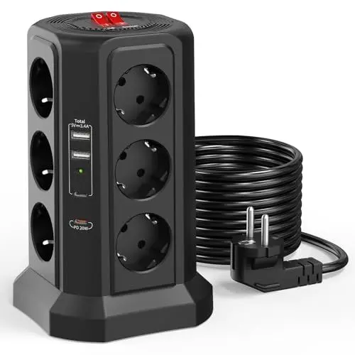 Produktbild: Steckdosenleiste12 Fach Mehrfachsteckdose mit 4USB 4000W/16A Büro Steckdosenturm 2M Kabel HAFINO Verteilersteckdose mit 2 Schalter,Überspannungsschutz für Büro Küche Gaming(Schwarz)