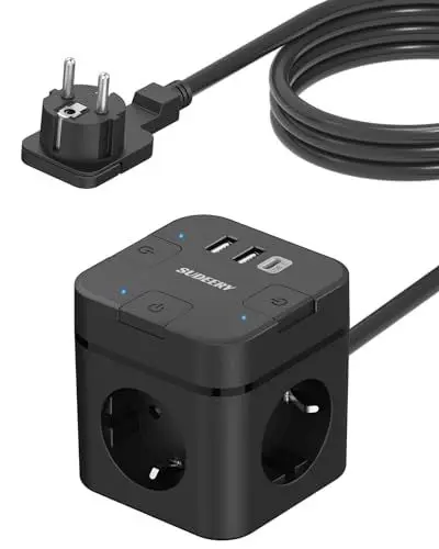 Produktbild: Steckdosenwürfel mit USB C, 3 Fach Mehrfachsteckdose Cube Flachstecker mit Einzeln Schaltbar, Steckdosenleiste mit 2m Kabel, 1 Typ-C USB Mehrfachstecker für Büro Hause Reisen (Schwarz)