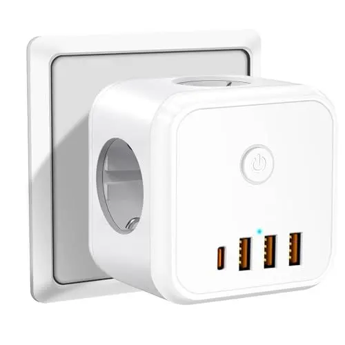 Produktbild: Stecker mit 4 USB Netzstecker, EU-Stecker auf 7 Anschlüssen, Machtausdehnung 3 Stecker 4 USB Steckdose, Steckdoser für USB Steckdose und USB C Adapter Wand Ladegerät
