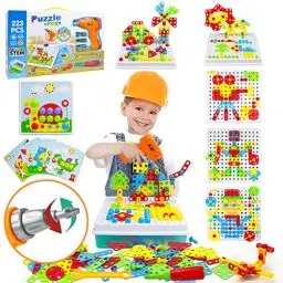 Produktbild: Akokie Steckspiel Spielzeug ab 3 Jahre mit Bohrmaschine Pädagogisch Kreativ Spielzeug 3D Puzzle Mosaik Werkzeugkoffer Kinder Spiele ab 3 4 5 6 Jahre für Jungen Mädchen (223 Stücke)