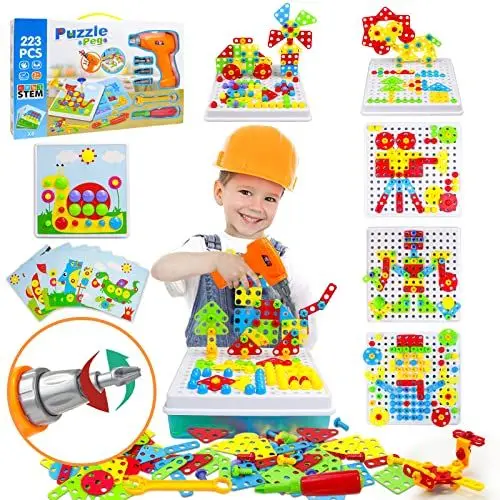 Produktbild: Akokie Steckspiel Spielzeug ab 3 Jahre mit Bohrmaschine Pädagogisch Kreativ Spielzeug 3D Puzzle Mosaik Werkzeugkoffer Kinder Spiele ab 3 4 5 6 Jahre für Jungen Mädchen (223 Stücke)