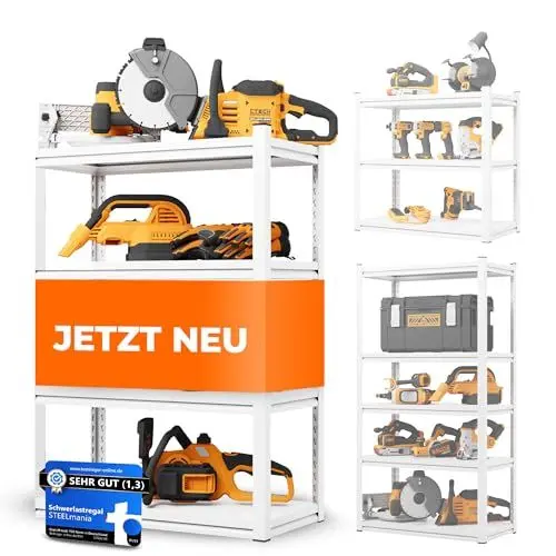 Produktbild: STEELmania Schwerlastregal - Leichter, schneller Aufbau (Ultra stabil) Metallregal weiß mit Vier Ebenen - Vorratsregal Lagerregal Kellerregal I Jetzt Regal wählen