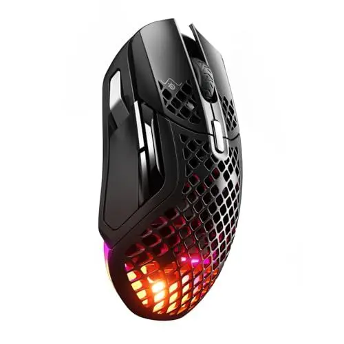 Produktbild: SteelSeries Aerox 5 Wireless – RGB Gaming-Mouse mit Öffnungen in der Oberfläche – Federleichtes, wasserabweisendes Design – 9 Tasten – Bluetooth/2,4 GHz – Optischer TrueMove Air-Sensor mit 18.000 DPI