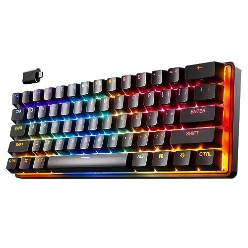 Produktbild: SteelSeries Apex Pro Mini Wireless HyperMagnetic Gaming-Tastatur – Die weltweit schnellste Tastatur – 60%-Formfaktor – RGB – PBT-Keycaps – Bluetooth – 2,4 GHz – USB-C – Deutsches Tastatur QWERTZ