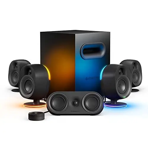 Produktbild: SteelSeries Arena 9 - 5.1-Gaming-Lautsprecher – 5.1 USB Surround-Sound – Kabellose hintere Lautsprecher, 2-Wege-Lautsprecherdesign, Subwoofer – Reaktive RGB – USB, BT – PC, Schwarz