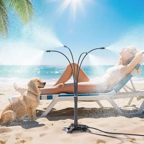 Produktbild: Stehend Sprühnebel Kühlung Bewässerungssystem, Tragbarer Wassersprudler mit 8m Schlauch, Dreieckiger Sprühkühlsystem für draußen, Terrasse, Pool, Grill, Garten & Sonnenstudio