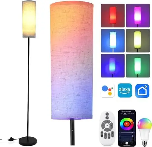 Produktbild: Stehlampe Wohnzimmer, Modern LED Stehleuchte WiFi RGBCW Standleuchte Dimmbar Fernbedienung 800LM 2500K-9000K Leselampe Stoffschirm Kompatibel mit Alexa Google Home Fußschalter für Büro Wohnkultur