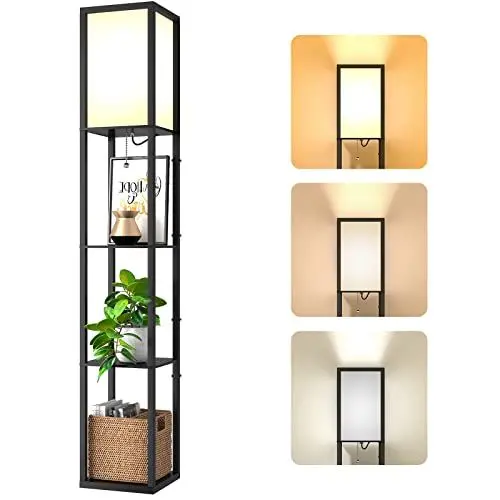 Produktbild: Stehlampe mit Regal aus Holz, Stehlampe Wohnzimmer mit E27 Birne 3 Farbtemperatur, Stehleuchte 1.62M mit Lampenschirm, Moderne Schwarz Standleuchte mit 3 Holzregale für Whonzimmer Schlafzimmer Büro