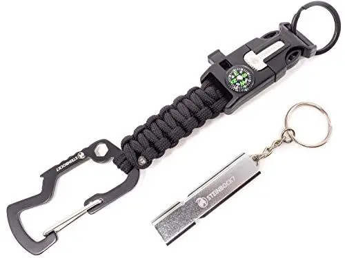 Produktbild: Steinbock7 Großglockner 5-in-1 Paracord-Schlüsselanhänger, Multi-Tool mit Karabiner, Flaschenöffner, Schraubwerkzeuge, Kompass, Notfallpfeife, Feuerstahl & Schaber