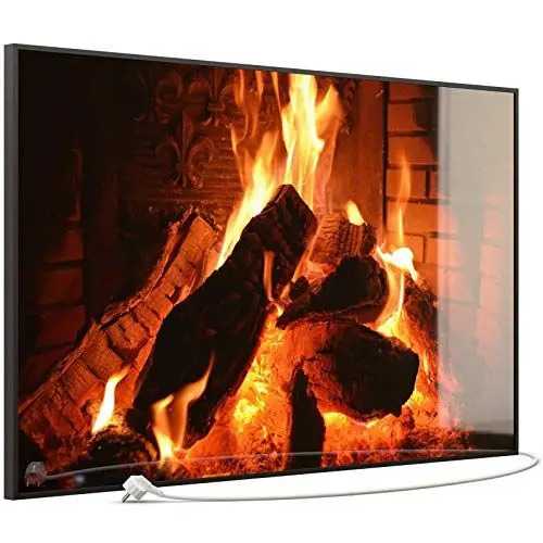 Produktbild: STEINFELD Heizsysteme® Glas Bild Infrarotheizung | Kaminfeuer | mit Thermostat viele Motive 350-1200 Watt Rahmen schwarz (900 Watt, 032 Kamin)