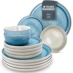 Produktbild: Steingut Geschirrset 12 Pers. Ibiza 36-tlg Hochwertiges Mediterranes TEST SEHR GUT Steingut Geschirr Set - Schüssel- und Teller Set - Tafelservice 12 Personen Geschirrsets Pure Living in Blau