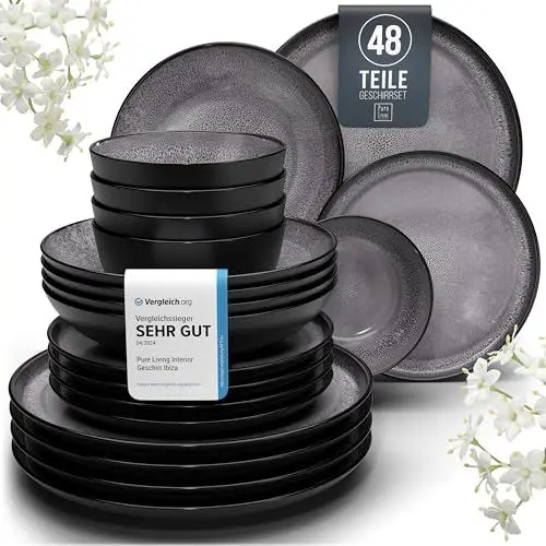 Produktbild: Steingut Geschirrset 12 Pers. Ibiza 48-tlg Hochwertiges Mediterranes TEST SEHR GUT Steingut Geschirr Set - Schüssel- und Teller Set - Tafelservice 12 Personen Geschirrsets Pure Living in Grau