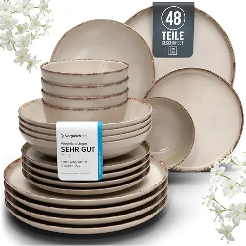 Produktbild: Steingut Geschirrset 12 Pers. Rustic 48-tlg Hochwertiges Landhausstil TEST SEHR GUT Steingut Geschirr Set - Schüssel- und Teller Set - Tafelservice 12 Personen Geschirrsets Pure Living in beige