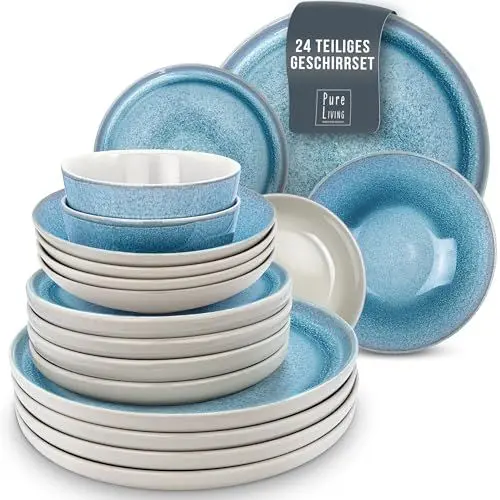 Produktbild: Steingut Geschirrset 6 Pers. Ibiza 24-tlg Hochwertiges Mediterranes TEST SEHR GUT Steingut Geschirr Set - Schüssel- und Teller Set - Tafelservice 6 Personen Geschirrsets Pure Living in Blau
