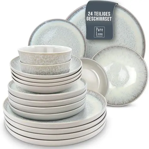Produktbild: Steingut Geschirrset 6 Pers. Ibiza 24-tlg Hochwertiges Mediterranes TEST SEHR GUT Steingut Geschirr Set - Schüssel- und Teller Set - Tafelservice 6 Personen Geschirrsets Pure Living in beige