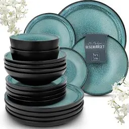 Produktbild: Steingut Geschirrset 6 Pers. Ibiza 24-tlg Hochwertiges Mediterranes TEST SEHR GUT Steingut Geschirr Set - Schüssel- und Teller Set - Tafelservice 6 Personen Geschirrsets Pure Living in Petrol
