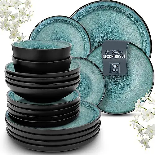 Produktbild: Steingut Geschirrset 6 Pers. Ibiza 24-tlg Hochwertiges Mediterranes TEST SEHR GUT Steingut Geschirr Set - Schüssel- und Teller Set - Tafelservice 6 Personen Geschirrsets Pure Living in Petrol