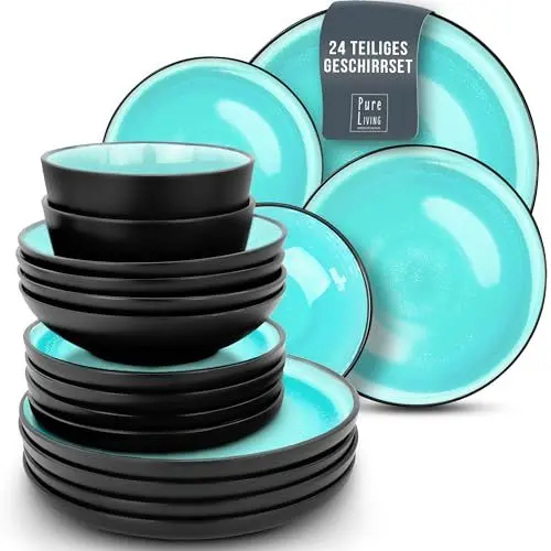 Produktbild: Steingut Geschirrset 6 Pers. Ibiza 24-tlg Hochwertiges Mediterranes TEST SEHR GUT Steingut Geschirr Set - Schüssel- und Teller Set - Tafelservice 6 Personen Geschirrsets Pure Living in Aquamarin