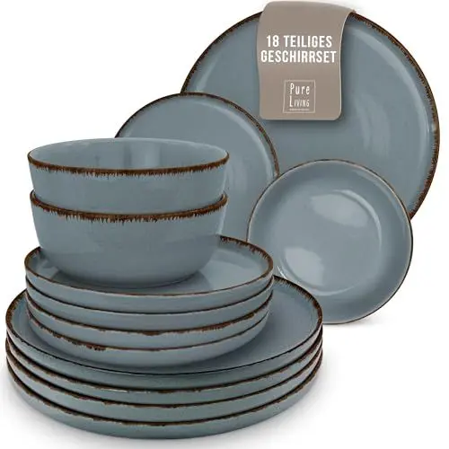 Produktbild: Steingut Geschirrset 6 Pers. Rustic 18-tlg Hochwertiges Landhausstil TEST SEHR GUT Steingut Geschirr Set - Schüssel- und Teller Set - Tafelservice 6 Personen Geschirrsets Pure Living in Rauchblau