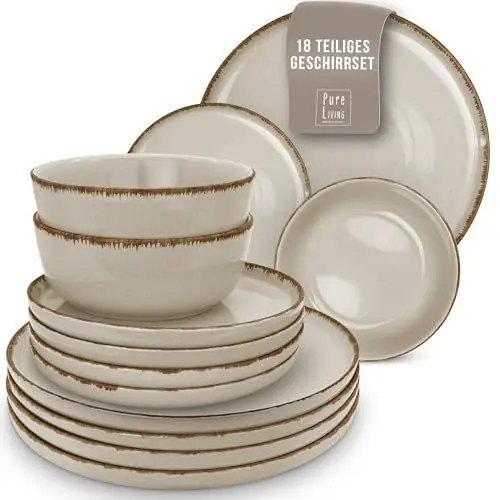 Produktbild: Steingut Geschirrset 6 Pers. Rustic 18-tlg Hochwertiges Landhausstil TEST SEHR GUT Steingut Geschirr Set - Schüssel- und Teller Set - Tafelservice 6 Personen Geschirrsets Pure Living in beige