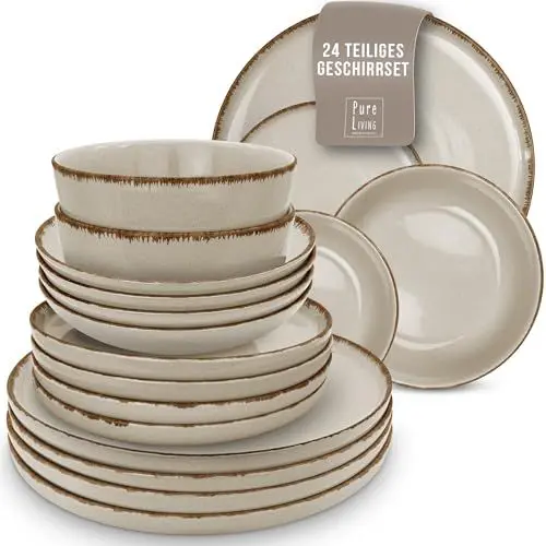 Produktbild: Steingut Geschirrset 6 Pers. Rustic 24-tlg Hochwertiges Landhausstil TEST SEHR GUT Steingut Geschirr Set - Schüssel- und Teller Set - Tafelservice 6 Personen Geschirrsets Pure Living in beige