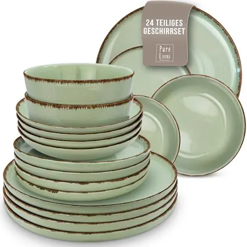 Produktbild: Steingut Geschirrset 6 Pers. Rustic 24-tlg Hochwertiges Landhausstil TEST SEHR GUT Steingut Geschirr Set - Schüssel- und Teller Set - Tafelservice 6 Personen Geschirrsets Pure Living in Mintgrün