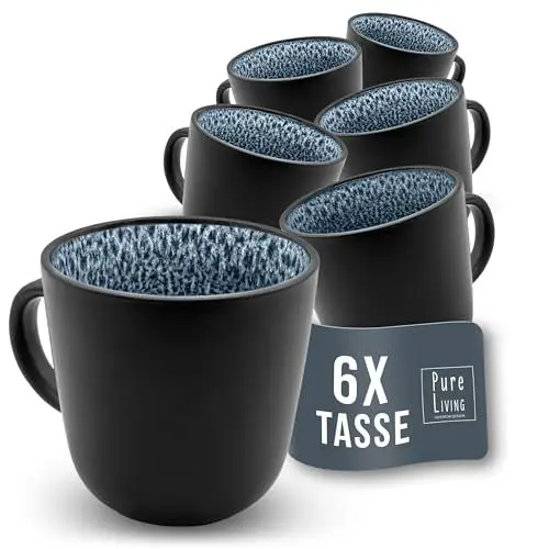 Produktbild: Steingut Kaffeetassen 6 Pers. Ibiza Hochwertiges Mediterranes TEST SEHR GUT Tassen Set, Spülmaschinen-, Mikrowellen- und Kratzfest - Stylisches Tee- und Kaffeebecher Set - Pure Living in Rauchblau