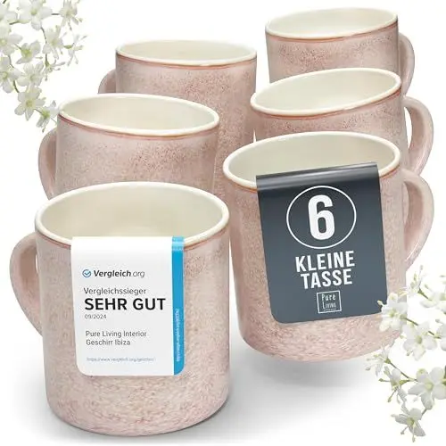 Produktbild: Steingut kleine Kaffeetassen 6 Personen Ibiza TESTSIEGER, Traumhaftes Mediterranes Steingut Tassen Set, Stylisches Tee- und Kaffeebecher Set, Pure Living in Rose