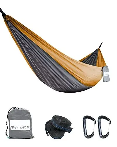 Produktbild: STEINWEBER Ultraleichte Hängematte für Camping & Wandern - Fallschirmseide 285x160cm für 2 Personen - 250kg Traglast (Orange)