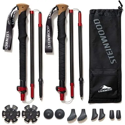 Produktbild: Steinwood Premium Carbon Wanderstöcke - Trekkingstöcke - extra leicht, verstellbar mit Teleskop und Klemmverschluss mit extra Gummipuffer und Tragebeutel (zum Falten 120cm)