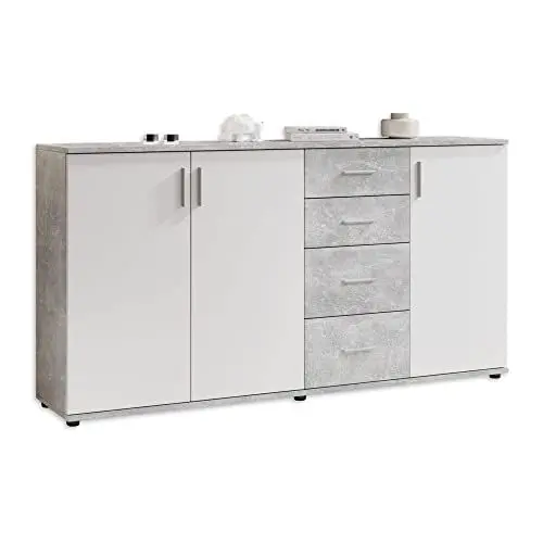 Produktbild: Stella Trading BOBBY Kommode in Beton-Optik, Weiß - Modernes Sideboard mit viel Stauraum für Ihren Wohnbereich - 160 x 82 x 35 cm (B/H/T)