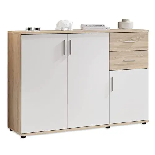Produktbild: Stella Trading BOBBY Kommode in Eiche Sonoma Optik, weiß - Modernes Sideboard mit viel Stauraum für Ihren Wohnbereich - 120 x 82 x 35 cm (B/H/T)