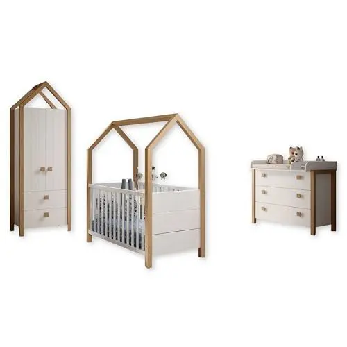Produktbild: Stella Trading Beach Babyzimmer Komplett-Set in Kiefer Weiß, Birke - Babyzimmer Möbel-Set 3-teilig bestehend aus Kleiderschrank, Babybett & Wickelkommode