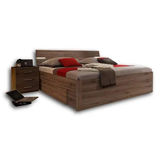 Produktbild: Stella Trading MARS Stilvolle Doppelbett Bettanlage 180 x 200 cm mit 2x Nachtkommoden - Schlafzimmer Komplett-Set in Eiche San Remo Optik, dunkel - 216 x 97 x 185 cm (B/H/T)