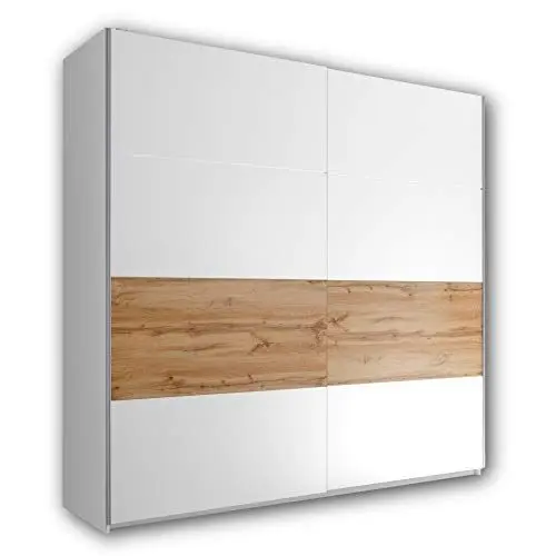 Produktbild: Stella Trading MEDINA Schwebetürenschrank Weiß mit viel Stauraum - Vielseitiger Kleiderschrank mit Bauchbinde in Wildeiche Optik - 215 x 210 x 59 cm (B/H/T)