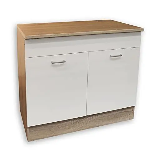 Produktbild: Stella Trading Moderner Spülenunterschrank Küche in Eiche Sonoma Optik, Weiß matt - Geräumiger Küchenschrank mit viel Stauraum - 100 x 90 x 60 cm (B/H/T)