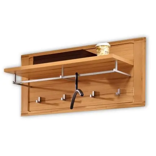 Produktbild: Stella Trading Nature Plus Garderobenpaneel (klein) teil-massiv aus Kernbuchenholz - Hutablage & zuverlässige Wandhaken für Jacken & Taschen - 90 x 45 x 32 cm (B/H/T)