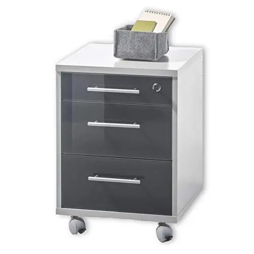 Produktbild: Stella Trading OFFICE LUX Rollcontainer abschließbar, grau mit graphit lackierter Glasfront - Mobiler Büroschrank mit 3 Schubladen - Modernes Büromöbel Komplettset - 40 x 56 x 40 cm (B/H/T)