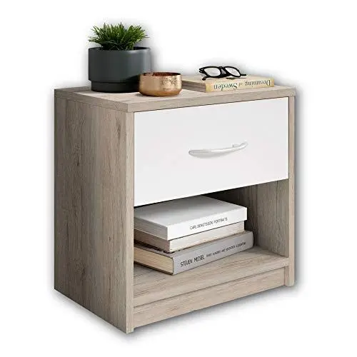 Produktbild: Stella Trading PEPE Nachttisch in San Remo Optik, Weiß - Schlichter Nachtschrank mit einer Schublade passend zu jedem Bett & Schlafzimmer - 39 x 41 x 28 cm (B/H/T)