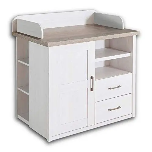 Produktbild: Stella Trading Praktische Baby Wickelkommode inkl. Aufsatz - Vielseitiger Wickeltisch mit viel Stauraum in Pinie Weiß / Trüffel - 106 x 102 x 75 cm (B/H/T)