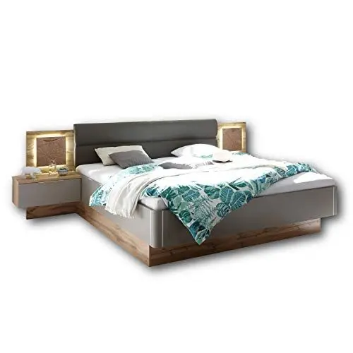 Produktbild: Stella Trading Stilvolle Doppelbett Bettanlage mit LED-Beleuchtung 180 x 200 cm - Schlafzimmer Komplett-Set in Wildeiche-Optik, Basaltgrau - 305 x 96 x 205 cm (B/H/T)
