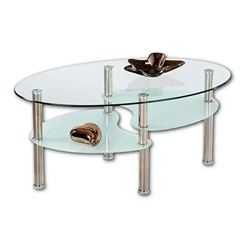 Produktbild: Stella Trading WAVE Couchtisch Glas mit Metall Gestell - geräumiger Glastisch mit Glasablagen für Ihren Wohnbereich - 90 x 41 x 55 cm (B/H/T)