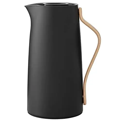 Produktbild: Stelton Kaffee-Isolierkanne Emma - Edelstahl-Thermoeinsatz, doppelwandig isoliert - Thermoskanne/Kaffeekanne/Teekanne mit Buchenholzgriff, Easy-Click-Deckel - 1,2 Liter, glänzendes Finish, Mattschwarz