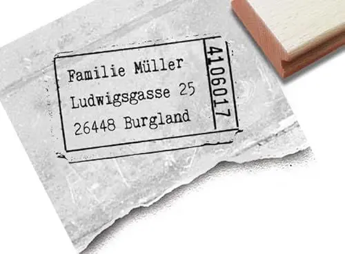 Produktbild: Stempel - Adressstempel LABEL TICKET I im Poststempel Look, individuell personalisiert - Holzstempel Familienstempel Firmenstempel, Name Adresse Anschrift für Kita Schule Beruf Familie Hobby